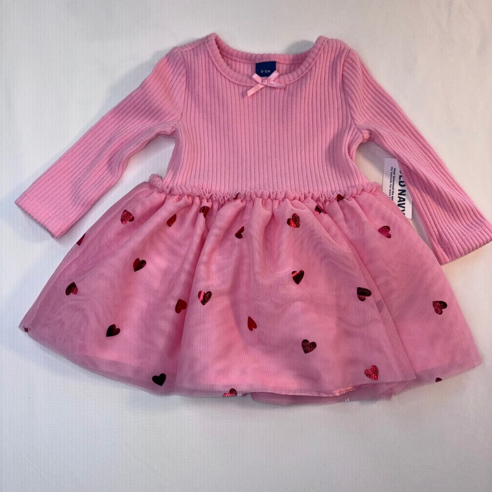 Old Navy Baby‎ Girl Pink Ribbed Heart Tulle Dress 0 3 Months Valentine's Day